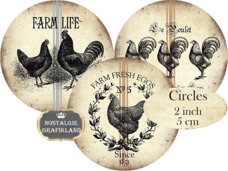 Farm Fresh Eggs Rooster Hen Circles 2 inch digital collage sheet download C097 Le Coq Poulet Ferme