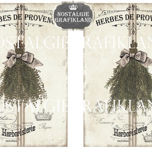 May include: Vintage-style botanical print featuring two panels with illustrations of herb bundles. The top of each panel reads "HERBES DE PROVENCE." The text "NOSTALGIE GRAFIKLAND" is at the top. The bottom of each panel reads "Herboristerie."