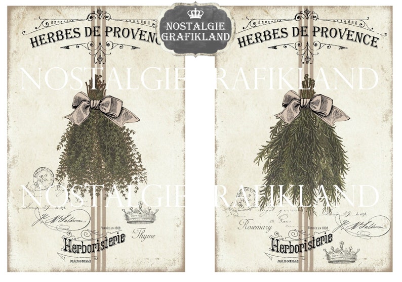May include: Vintage-style botanical print featuring two panels with illustrations of herb bundles. The top of each panel reads "HERBES DE PROVENCE." The text "NOSTALGIE GRAFIKLAND" is at the top. The bottom of each panel reads "Herboristerie."