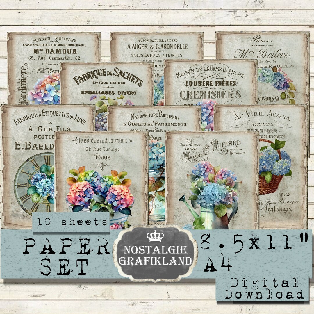 Hydrangeas Digital Papers Flowers Paper Set Old Vintage Botanical ...