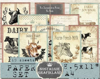 Farm printable Cow Fresh Milk Farm Papers Animals Vintage Farming Digital Download 8.5x11 " PPS019