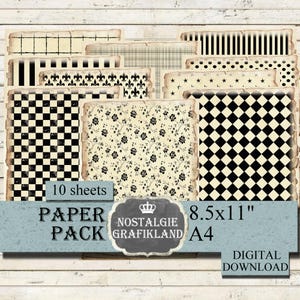 Hintergrund Vintage Papiere Papier Pack Schwarz Karo Dots Streifen Tupfen Punkte kariert gestreift Download A4 digital collage sheet PP111