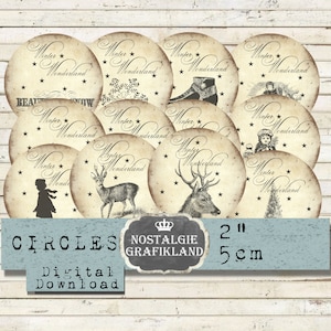 May include: Nine 2-inch round printable digital paper circles with a vintage aesthetic. Each circle features a different winter-themed design, including a deer, a boot, a snowflake, and a Christmas tree. The text "Winter Wonderland" appears on each circle.