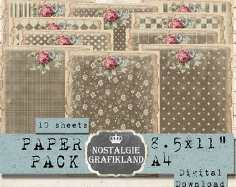 BROWN BEIGE Background digital Paper Pack Vintage printable Papers Stripes Dots Checked 8.5x11" PP121