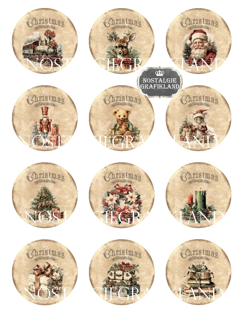 K&ouml;nnte beinhalten: Zw&ouml;lf runde Papierkreise im Vintage-Stil zum Thema Weihnachten mit Bildern eines Zuges, eines Hirsches, des Weihnachtsmanns, eines Nussknackers, eines Teddyb&auml;ren, einer Maus, eines Weihnachtsbaums, eines Kranzes, einer Kerze, eines Stapels Geschenke mit Schleife, eines Stapels Geschenke mit Band und eines Stapels B&uuml;cher mit Band. Die Kreise haben einen beigefarbenen Hintergrund mit dem Text "Christmas" oben auf jedem Kreis.