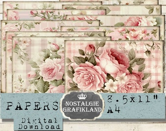 Feuilles numériques SHABBY CHIC roses paysage imprimable Pack de papier Scrapbooking horizontal 11 x 8,5 po. PPH024