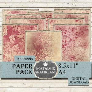 Paquete de papel imprimible digital rosa desgastado y desteñido, papeles florales damasco, impresiones para diario, 8,5 x 11 pulgadas, PP014