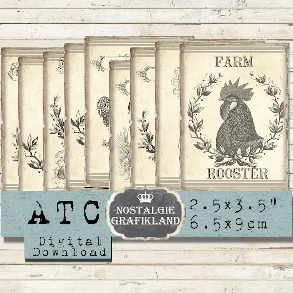 Farm Rooster printable Hen Eggs Chicken Farming Fresh Eggs Journaling Scrapbook Instant Download ATC digital collage sheet S092