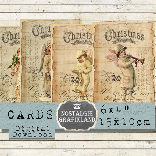 Christmas Vintage Angels printable Paper printable Cards Victorian Cupids Cherubs  prints 6x4 inch Instant Download digital sheet D208