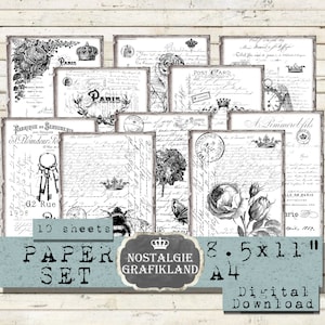 Documentos efímeros escritos a mano Papeles Paquete de papel de carta Ahorro de tinta imprimible Diario en blanco y negro Descargar hojas digitales 8.5x11" PPS005