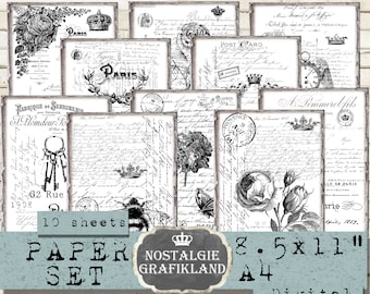 May include: A set of 10 digital paper sheets with a vintage Parisian theme. The papers feature black and white illustrations of roses, keys, butterflies, and handwritten text. The papers are 8.5 inches by 11 inches and are perfect for scrapbooking, card making, and other paper crafts.