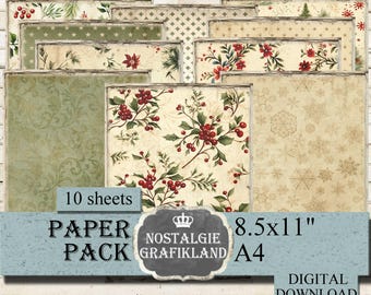 Fondo navideño imprimible, paquete de papel rojo y verde, impresiones vintage, diario navideño, descarga la hoja de collage digital de 8,5 x 11 pulgadas, PP035