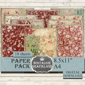 RED DISTRESSED digital Papers printable Paper Pack Floral Papers Journaling prints Download 8.5x11" PP013