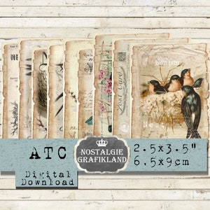 Pájaros Vintage imprimible ATC Nido de pájaro Golondrina Huevos de petirrojo Impresiones de pájaros Diario Scrapbooking Tarjetas Descargar collage digital S004