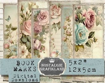 Roses Bookmarks Floral Shabby Chic printable Journaling Embellishments digital collage sheet Download BM063