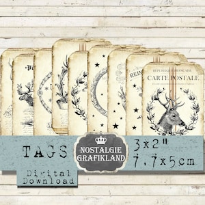 Tag stampabili con renna Natale rustico Cervo Alce Stampe country Journaling Tag regalo nordici vintage Scarica collage digitale T070