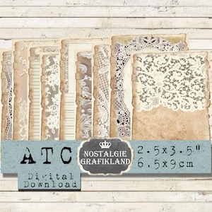 Peut inclure: Un ensemble de 10 papiers numériques avec des textures de dentelle vintage et de papier vieilli. Les papiers mesurent 6,5 x 9 cm et sont parfaits pour le scrapbooking, la fabrication de cartes et autres travaux manuels en papier.