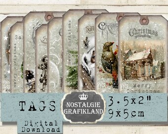 Christmas Tags Grey printable Vintage Ephemera Journal Elements selfprinting Download digital collage sheet T014