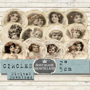 Ángeles imprimibles Círculos de Navidad 2 pulgadas Querubines Orando impresiones Cupidos Shabby Chic Descargar hoja de collage digital C229