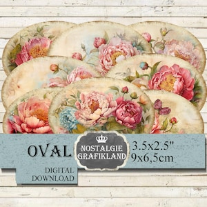 Oval Pfingstrosen Ovale Etiketten Rosen Ovals Instant Download digital collage sheet O113