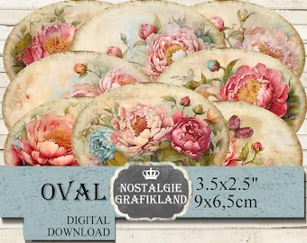 Peonies Labels Ephemera Ovals Flowers Floral Faded Download digital collage sheet 3.5x2.5 O113
