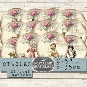 Cercles Noël Shabby Chic Rose Père Noël Renne Anges Romantique 2:5 Télécharger la feuille de collage numérique C124