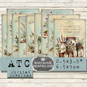 フランスのハーブの印刷可能なデジタル ATC カード Herbes de Provence ハーブストア ジャーナリング フラワーズ 即時ダウンロード ATC デジタル コラージュ シート S100