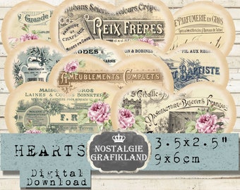 Cœurs éphémères français vintage Documents 3,5 x 2,5 feuilles de collage numérique à télécharger H107