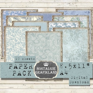 Confezione di carta BLU stampabile Sfondo Damascato Strisce Fiori Carte Vintage Scrapbooking Scarica foglio collage digitale 8,5 x 11" PP081