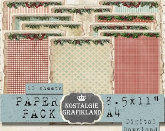 CHRISTMAS BACKGROUND printable Paper Pack digital Red Journals X-mas Journaling PDF Download digital collage sheet 8.5 x 11&quot; PP172