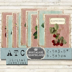 Confiture de fruits, fraises, cerises, imprimables, étiquettes confiturées ATC vintage, feuille de collage numérique à télécharger S041