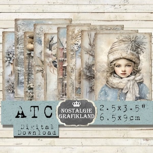 Hiver imprimable Girls Snow Deer Birds ATC Journaling imprime Shabby Chic Journals Télécharger la feuille numérique S017