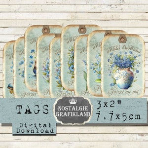 Oubliez-moi pas imprimable Tags Spring Blue Flowers Télécharger feuille de collage numérique numérique T082