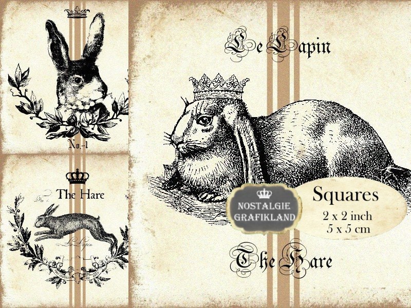 Hare Rabbit Lapin Easter Squares 2x2 inch squares Instant Etsy
