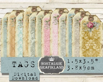 Damask Journal Tags Ephemera Embellishment Vintage narrow Tags Background printable Tags Old Papers Download digital collage sheet T055