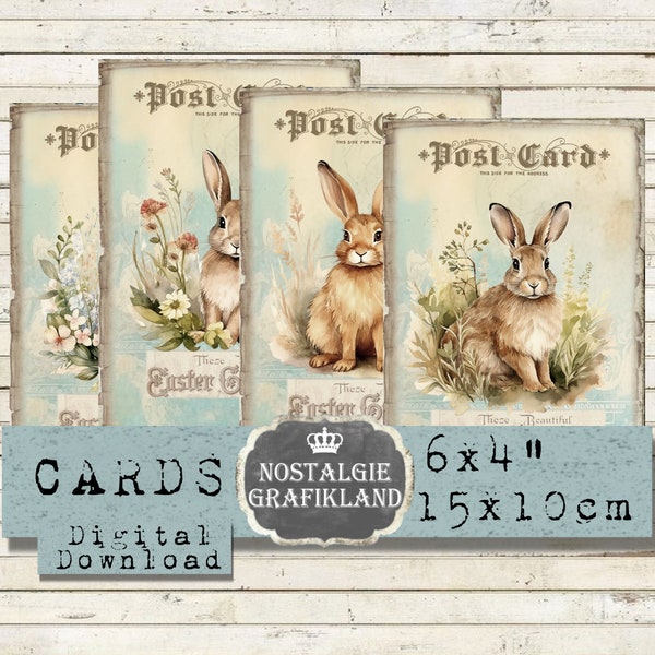 Easter Rabbits Postcards printable Bunnies digital Bunny Cards Happy Easter 6x4 inch Journaling Download digital collage sheet D103