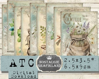 May include: Set of six vintage-style printable ATC cards featuring floral designs with a rustic aesthetic. The cards are 2.5 x 3.5 inches and feature a blue and white background with text that reads "Sac de No12 Camille".