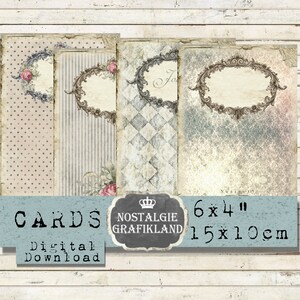 Pode incluir: Conjunto de quatro cartões digitais imprimíveis com designs vintage. Cada cartão apresenta um padrão diferente, incluindo bolinhas, listras, um padrão xadrez e um fundo desbotado. Os cartões medem 6x4 polegadas ou 15x10 cm.