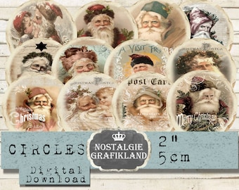 Santa Claus Circles Father Christmas Noel Circles 2 inch X-mas Vintage Christmas Instant Download digital collage sheet C228