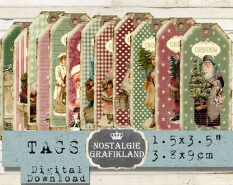 Red Green Christmas Tags printable Vintage Journal X-mas Tags Gift Old Papers prints Instant Download digital collage sheet T043