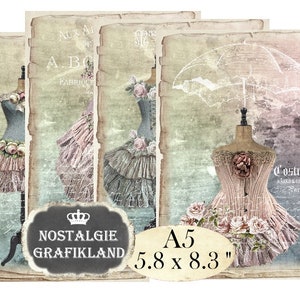 May include: Three vintage-style images featuring mannequins wearing pink and blue dresses with ruffles. The images have a faded, antique look and include text in French. The images are labeled "Nostalgie Grafikland" and "A5 5.8 x 8.3"
