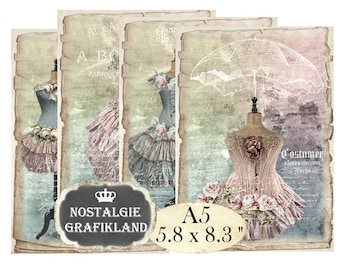 May include: Three vintage-style images featuring mannequins wearing pink and blue dresses with ruffles. The images have a faded, antique look and include text in French. The images are labeled "Nostalgie Grafikland" and "A5 5.8 x 8.3"