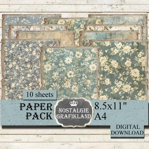 BLUE DISTRESSED digital Papers printable Paper Pack Floral Journaling Journal Prints Download 8.5x11" PP012