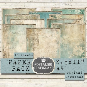 Confezione di carta stampabile digitale SHABBY FADED Teal Tan Carte damascate floreali Stampe per diario Scarica 8,5x11" PP091