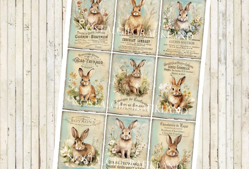 May include: Nine vintage-style illustrations of bunnies with floral accents. Each illustration features a bunny with brown fur and a white tail, surrounded by flowers and greenery. The illustrations are set against a light blue background with text in French.