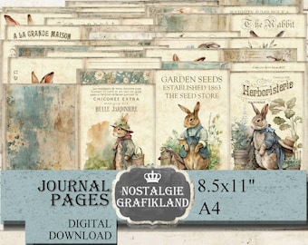 RABBITS Journal Pages Garden Farm Bunnies Hare French Ephemera Journaling double Pages digital JPA077