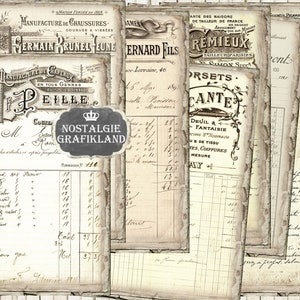 May include: A collection of vintage French business cards and invoices. The cards feature handwritten text and illustrations, including a hat maker, a shoemaker, and a tailor. The invoices are filled with handwritten numbers and calculations.