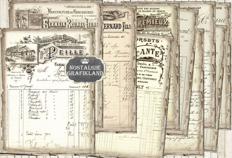 May include: A collection of vintage French business cards and invoices. The cards feature handwritten text and illustrations, including a hat maker, a shoemaker, and a tailor. The invoices are filled with handwritten numbers and calculations.