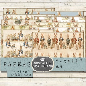 EASTER BUNNIES Papers landscape Ephemera Vintage Rabbits Journaling horizontal Digital Download digital sheets 8.5x11 &quot; PPH027