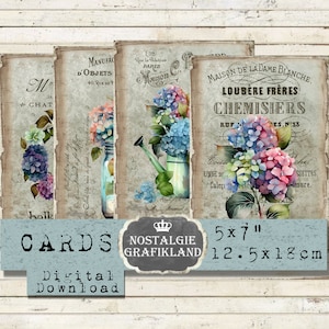 Papéis de cartões para impressão de hortênsia, diário vintage, flores, impressões, 5x7 polegadas, autoimpressão, download, folha de colagem digital g044